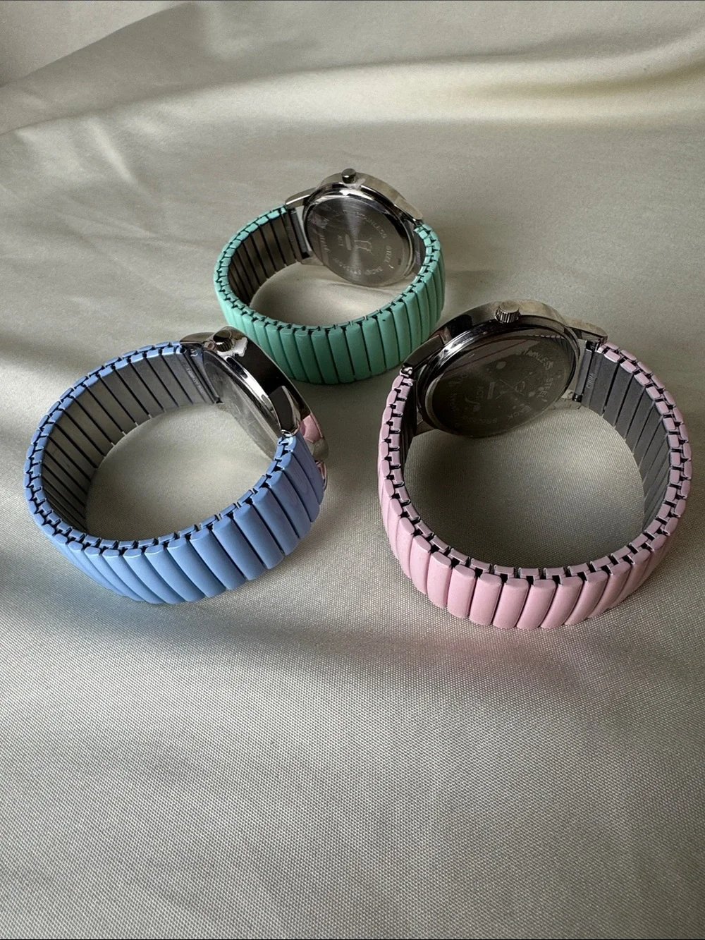 Set of 3 Rhinestone Accent Stretch Band Watches - Pastel Pink, Blue, Mint